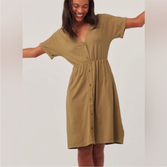 Pact Fennel The Portside Organic Cotton Linen Front Button Dress V Neck - Picture 2 of 15